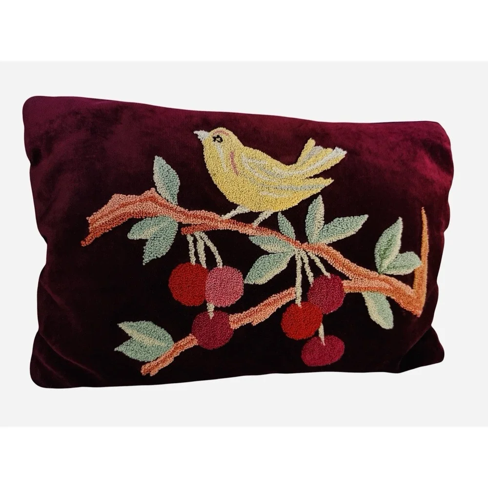 VTG Velvet Folk Art Pillow Punch Needle Embroidered Cherries Bird Cottagecore